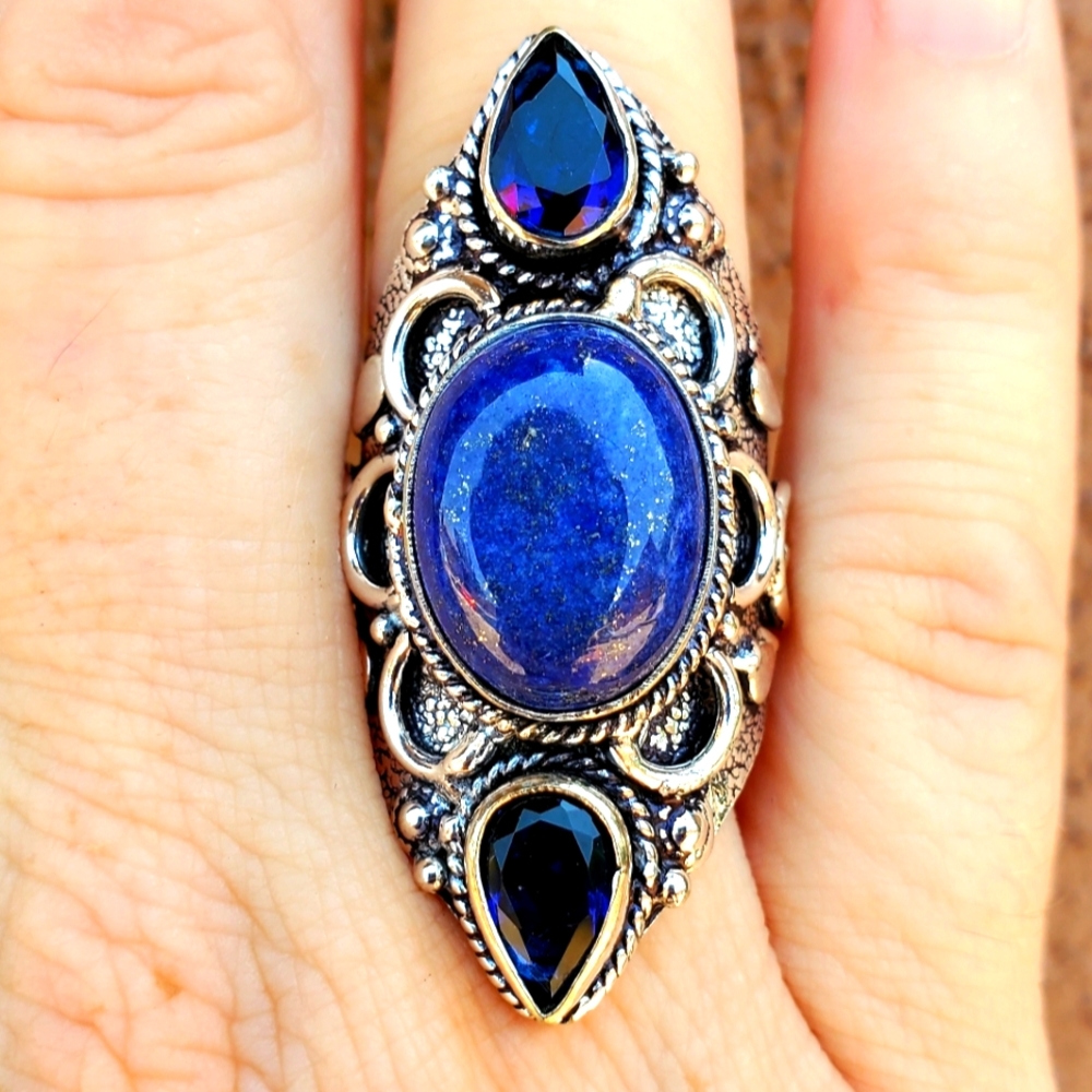 New Lapis Lazuli & Blue Topaz 925 Silver Statement Ring.